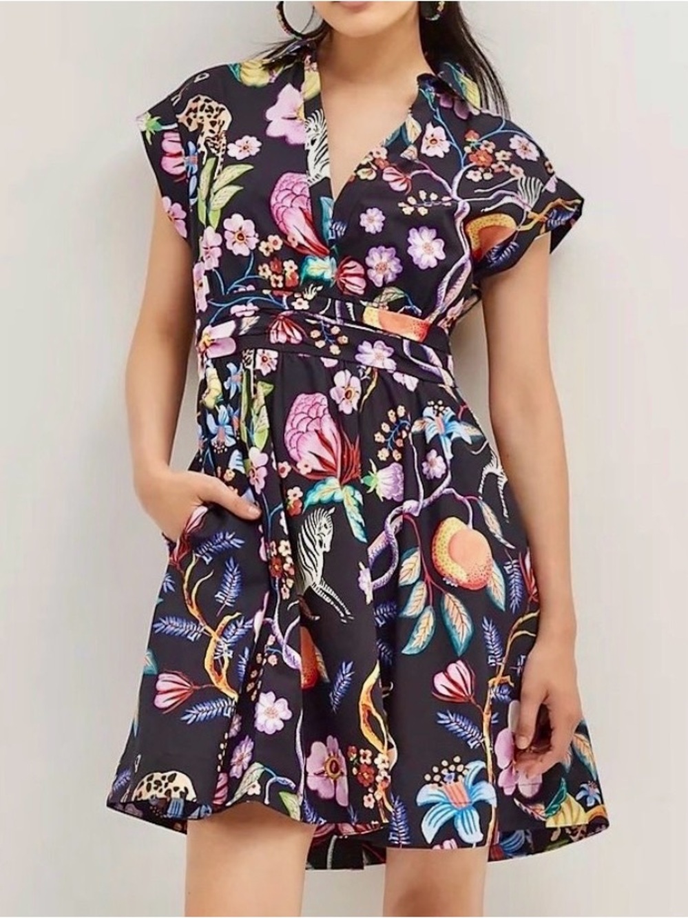 Anthropologie Maeve Navy Floral & Animal Print Mini Dress with Pockets